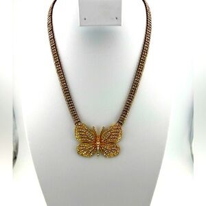 Gold Toned Rhinestone Butterfly Necklace Adjustable